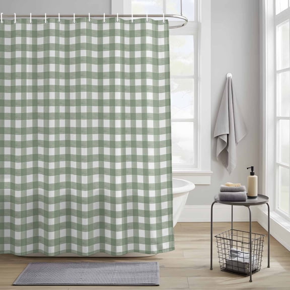 Sage Green Fabric Shower Curtain for Bathroom Waterproof Polyester Bath Curtain with 12 Hooks Buffalo Plaid Washable Shower Curtain with Grommets 36"x72"