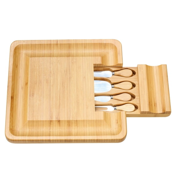Cortesi Home Handi Bamboo Cheese Serving Board Table Set with 4 Stainless Steel Knives