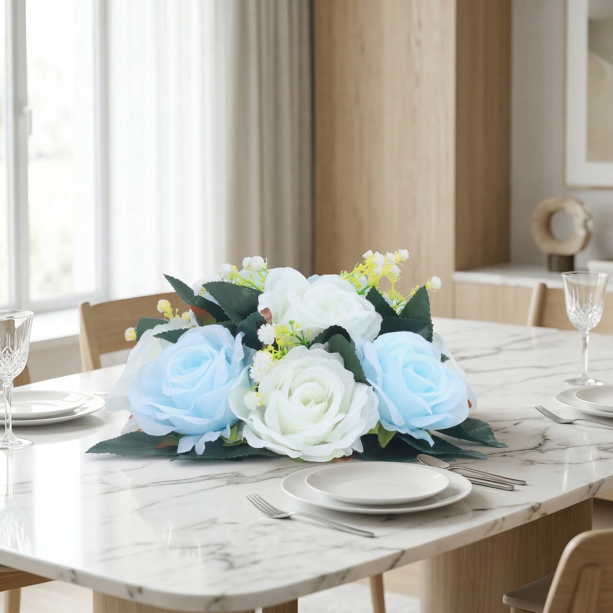 Unique Bargains 2Pcs Artificial Rose Flower Centerpiece Sky Blue Dark Purple 4.7 in