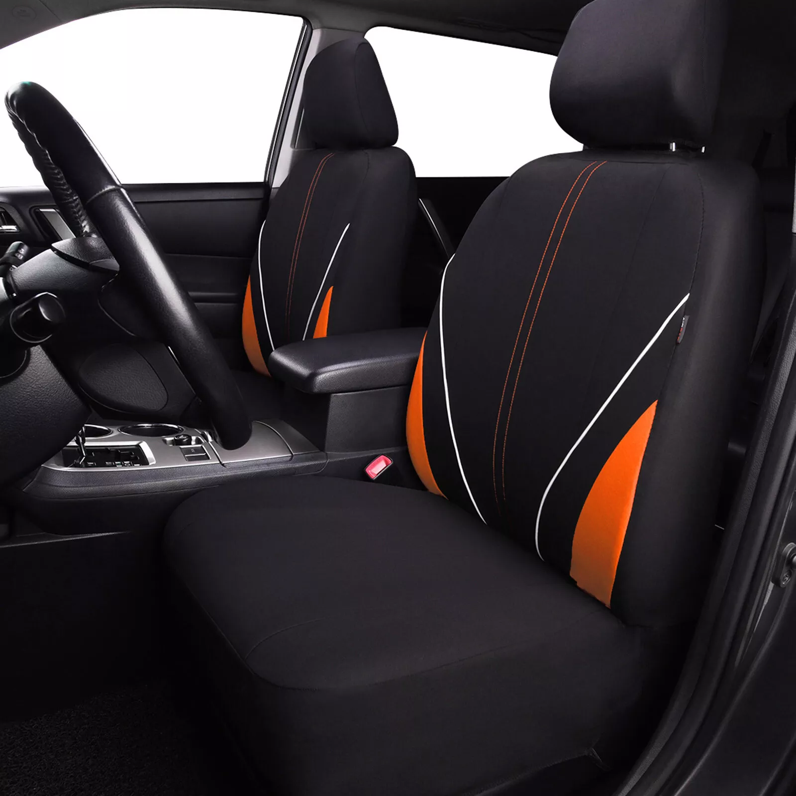 Flying Banner Car Seat Covers Front Rear Full Set Protectors Auto Interior Car Accessories Rear Bench Split 40/60 50/50 60/40 Piping Sporty Orange Black
