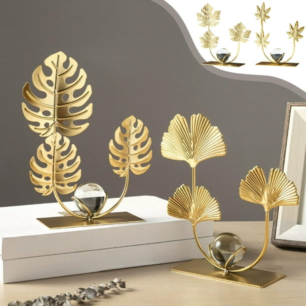 Escultura de metal con hoja de ginkgo y decoración de escritorio, estatua de pan de oro para estantería y decoración de mesa en la oficina