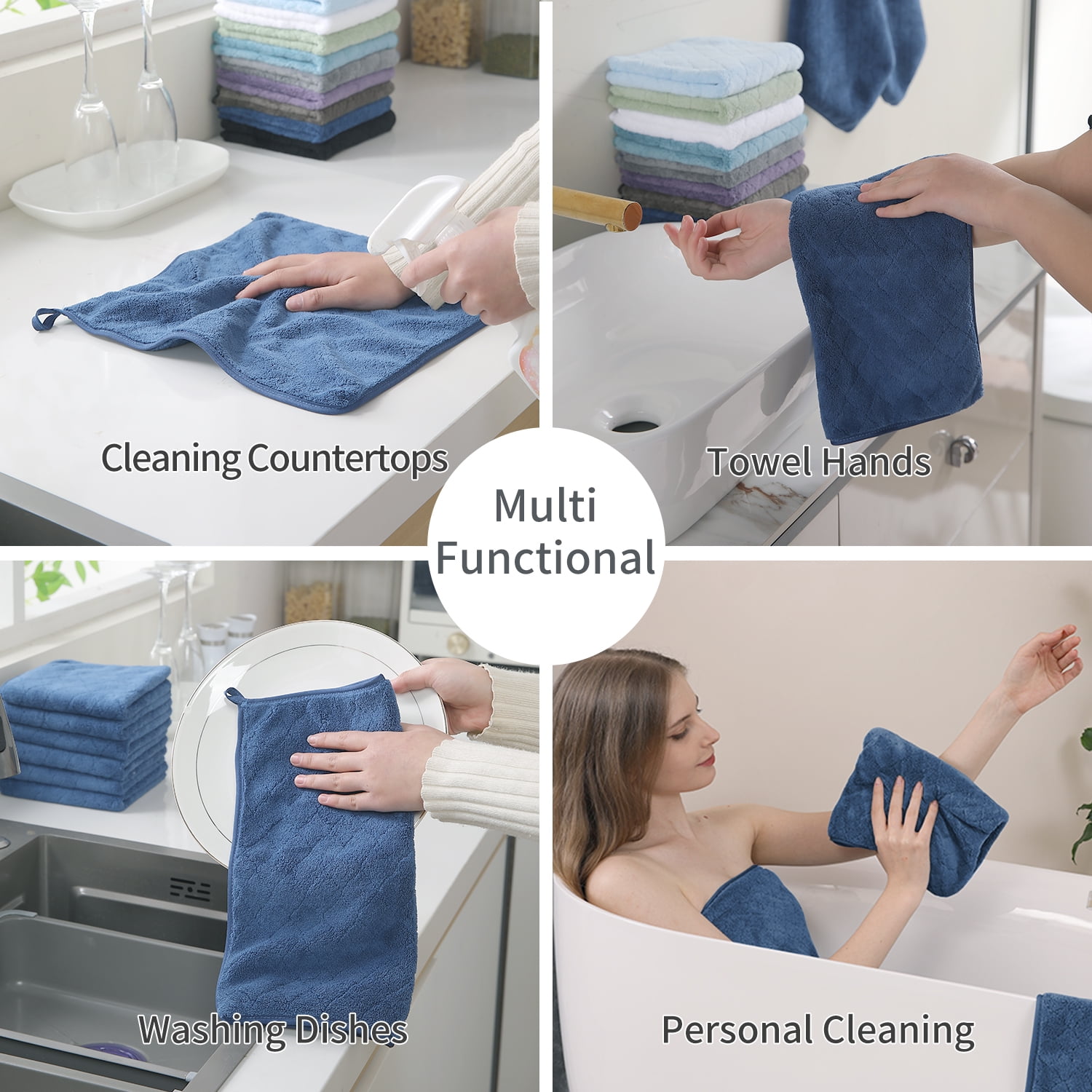 Jessy Home 12 Pack Blue Navy Turquoise Washcloths for Bathroom 13"x13" Ultra Soft Hand Face Towels