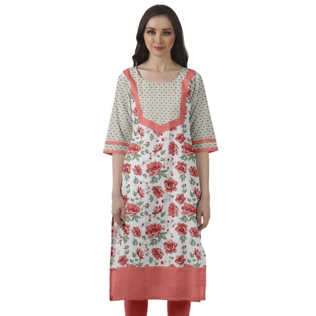 Moomaya Robes Indiennes pour Femmes Décontractées Été Imprimé Manches 3/4 Longue Kurta