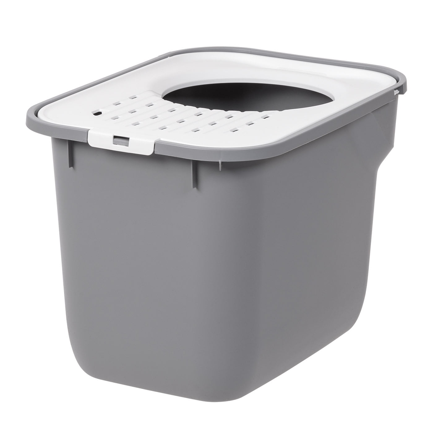IRIS Square Top Entry Cat Litter Box, Kitty Litter Pan with Litter Particle Catching Cover and Privacy Walls, Gray/White