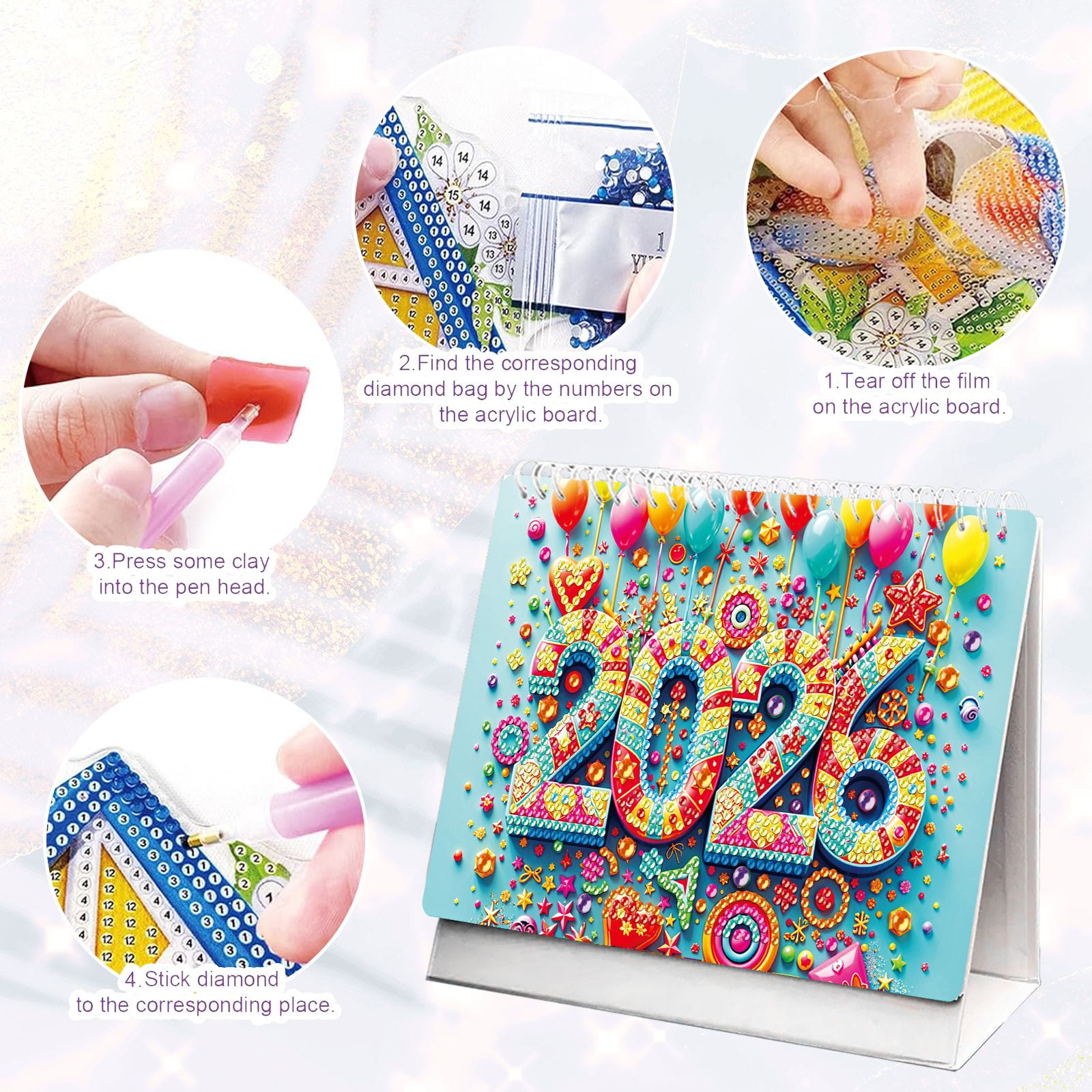 FLOPESN 2Pcs 2026 Desk Calendar DIY Diamond Painting Craft Kit, 7.68*6.69 in Paper Calendar with Special Drills for Home Office Decor