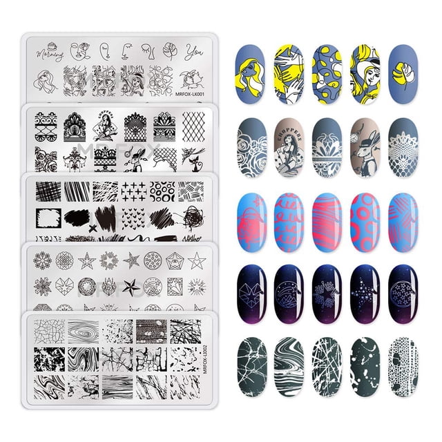 Mr. Fox-Juego de tablero para impresión de uñas, patrón de mármol y estrella de Graffiti, patrón de corteza de encaje, estampado artístico abstracto, plantilla de estampado en caliente DIY