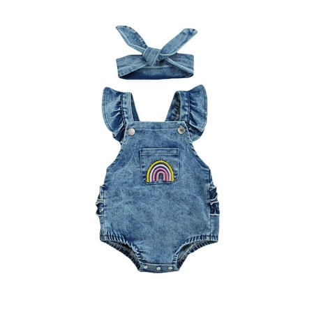 

Dewadbow Baby Girls Outfit Fly Sleeve Lace Decoration Denim Romper Headwear