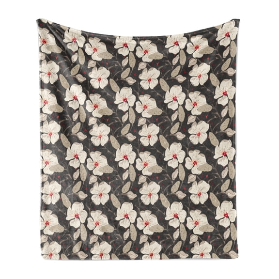 Floral Soft Flannel Fleece Throw Blanket, Poppy Flowers Vintage with Abstract Floral Arrangement Nature Blossom, Cozy Plush for Indoor and Outdoor Use, 50" x 70", Tan Charcoal Grey Red, by Ambesonne