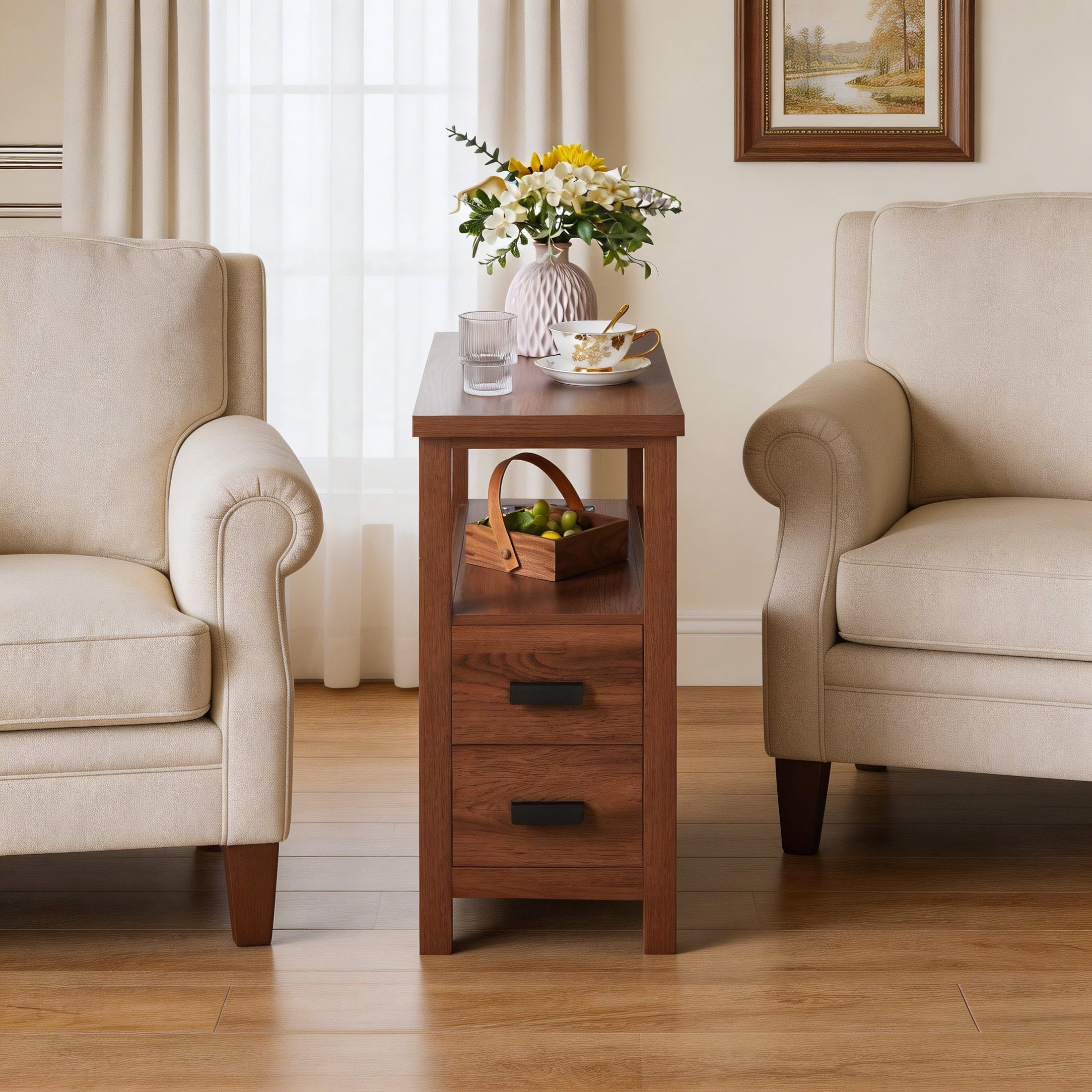 Noble House End Table with Charging Station, 2-Drawer Nightstand with AC Outlets, Walnut