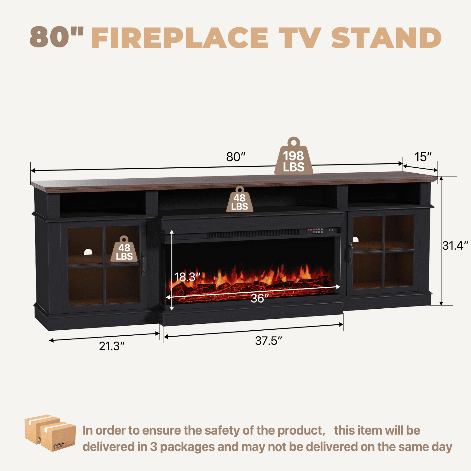 BaPiPro 80" Farmhouse Fireplace TV Stand for TVs Up to 90", Entertainment Center with 3-Sided 36" Electric Fireplace & LED Lights, 2 Drawers & 2 Storage Cabinet, Black