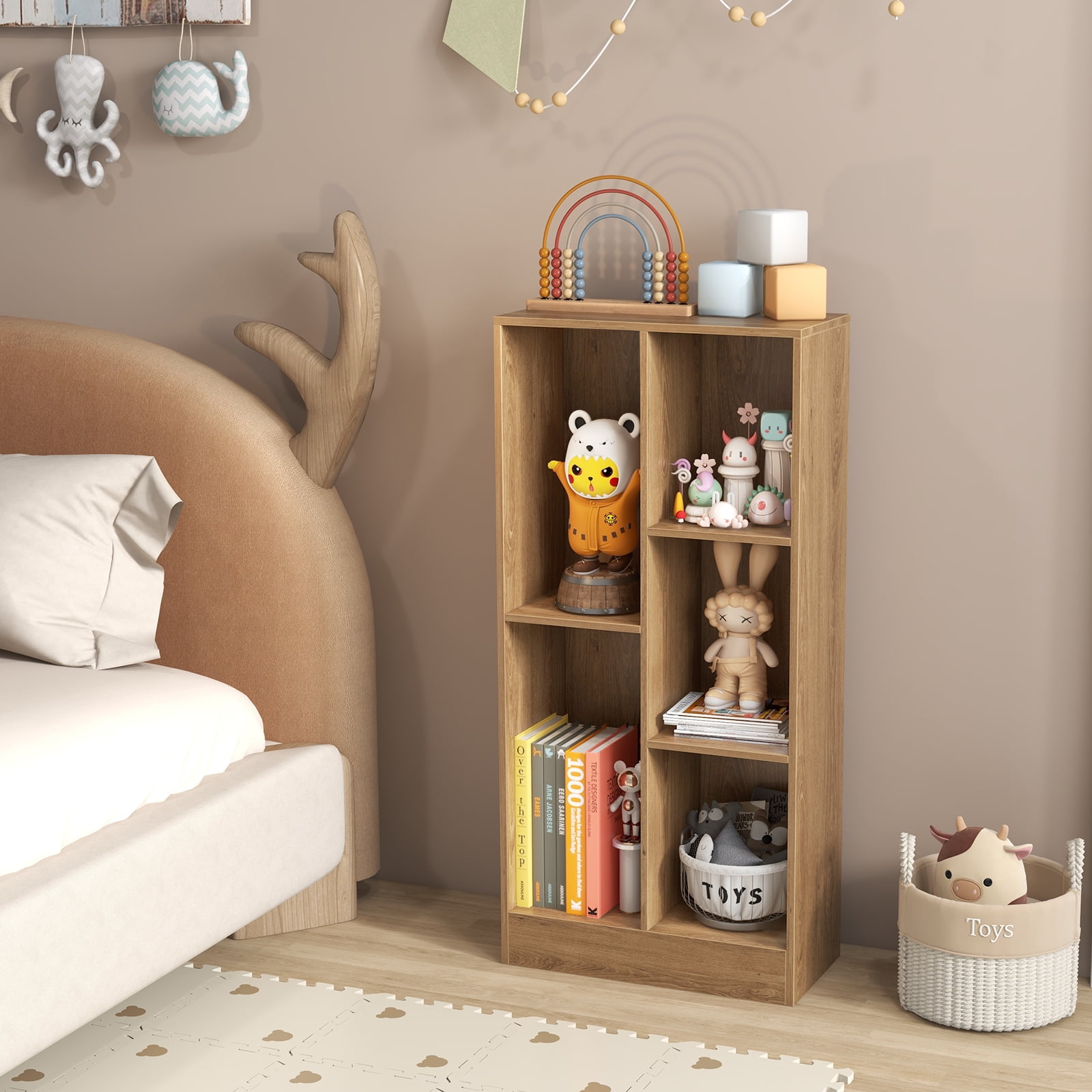 Giantex 5-Cube Bookcase, Freestanding Bookshelf w/ 2 Anti-toppling Kits, Modern Storage Unit, Display Shelving, Natural