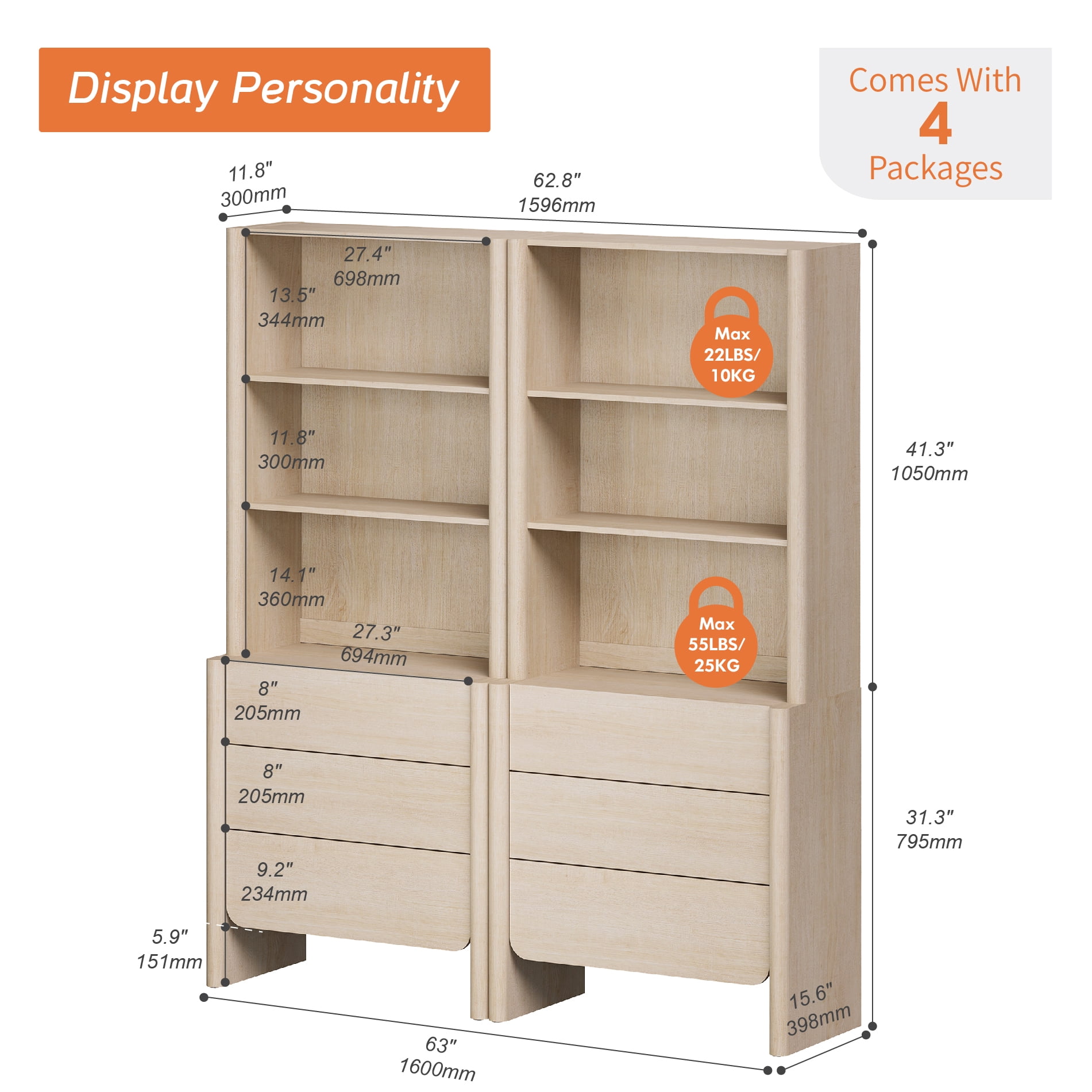 63-Inch Modern French Bookcase with Curved Edges, 6 Drawers and Open Shelving, 72.8" Tall, Beige