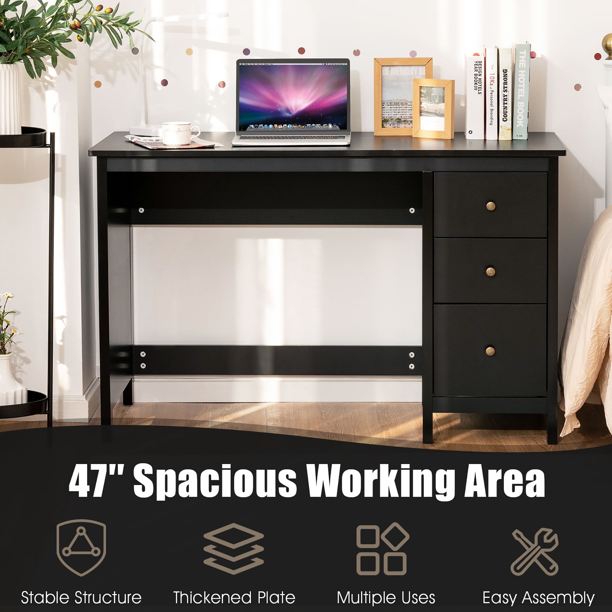 Costway Computer Desk Study Writing Desk Home Office Workstation with 3 Drawers Black