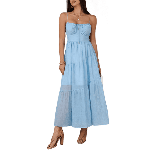 Vestido Informal de Verano para Mujer, Estilo Bohemio, con Tirantes Finos y Lazo, para Playa, 2025 Azul XL