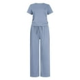 thumbnail image 6 of felwors Women's 2 Piece Lounge Sets Straight Leg Pants Set Short Sleeve Crop T-shirt Casual Outfits Comfy Loungewear Blue, L, 6 of 6