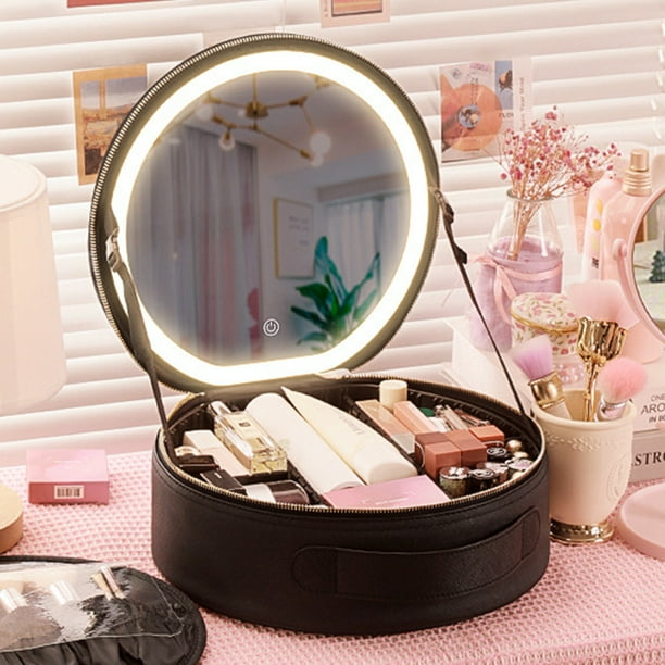 Estuche cosmético para mujer con espejo LED Bolsas de maquillaje redondas Caja de almacenamiento de PU (Negro) Sywqhk Para Estrenar