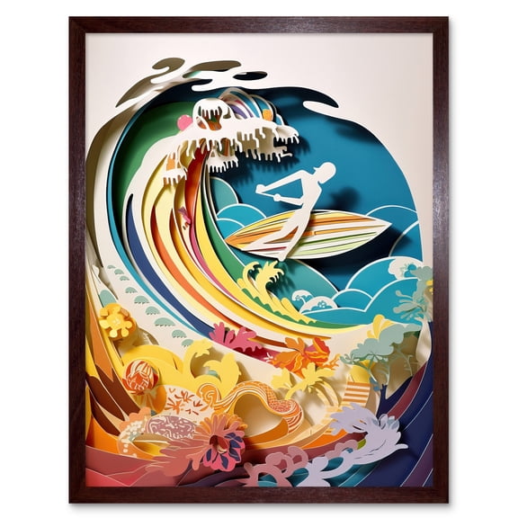 Rainbow Kirigami Surfer Surfing Coastal Landscape Art Print Framed Poster Wall Decor 12x16 inch