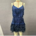 thumbnail image 5 of ZQGJB Cocktail Dresses for Women Sequin Feather Sleeveless Spaghetti Straps Backless Prom Party Club Dress Fashion Solid V Neck All-Over Fringe Sexy Bodycon Mini Dress #01-Dark Blue L, 5 of 6