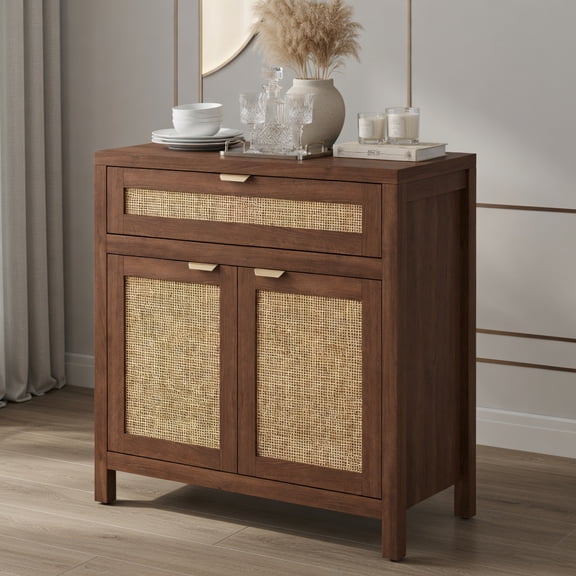 Topcobe Sideboard Storage Cabinet with Rattan Doors and Drawer, Modern Furniture for Dining Room, Practical, Easy to Assemble-Brown