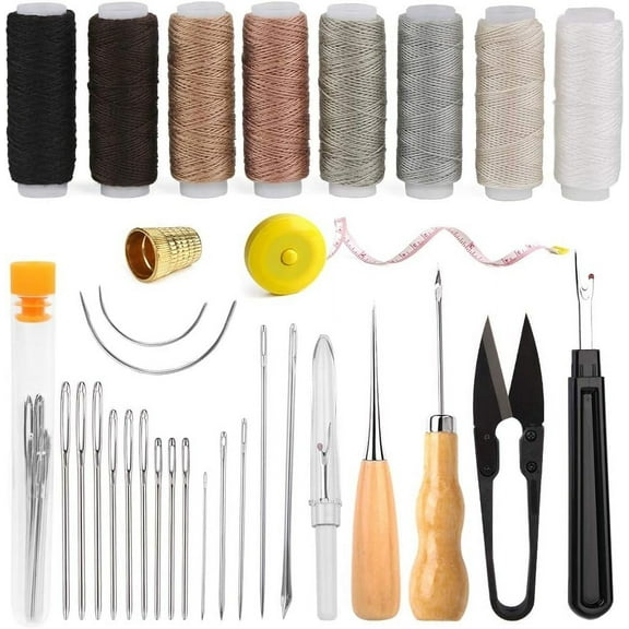 Rongsi 24Pack Upholstery Repair Sewing Kit Heavy Duty Sewing Kit with Awl Tools, Seam Ripper, Hand Stitching Needles, Leather Craft Tool Kit for Shoes Sofa Tent Carpet Leather Craft