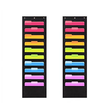 2 Pack Heavy Duty Storage Pocket Chart for Classroom, 10 Pockets, 6 Overdoor Hangers Included, Hanging Wall File Organizer for Office File Folders, Assignments, Files, Scrapbook Papers & More (Black)