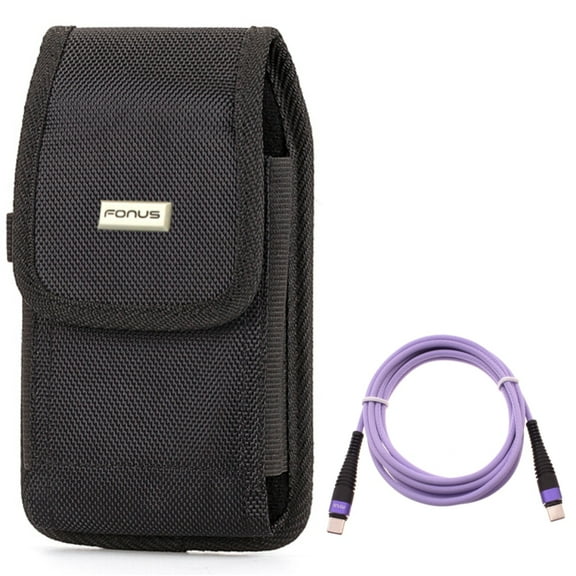 Purple 6ft PD Cable w Case Belt Clip for Samsung Galaxy S21 FE 5G - Type-C to USB-C Long Charger Cord Power, Rugged Holster Canvas