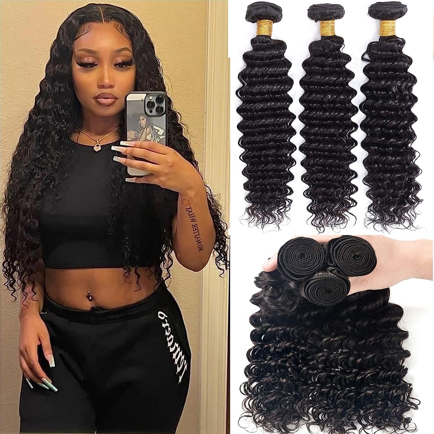 Datanala Brazilian Virgin Deep Wave Bundles 100% Unprocessed Deep Curly  Human Hair 3 Bundles Grade 9A Deep Wave Human Hair Weave Natural Color (14  16