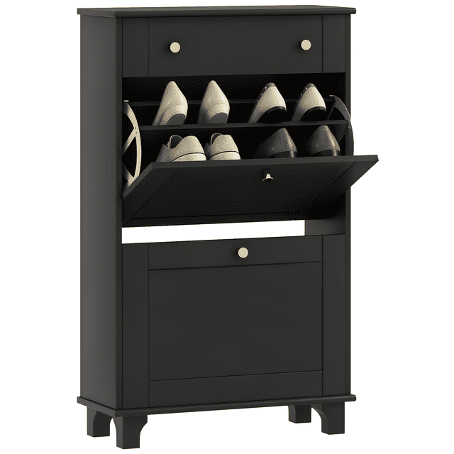 HOMCOM Armoire à Chaussures Étroite avec 2 Tiroirs Basculants, Armoire de Rangement pour Chaussures, Noir