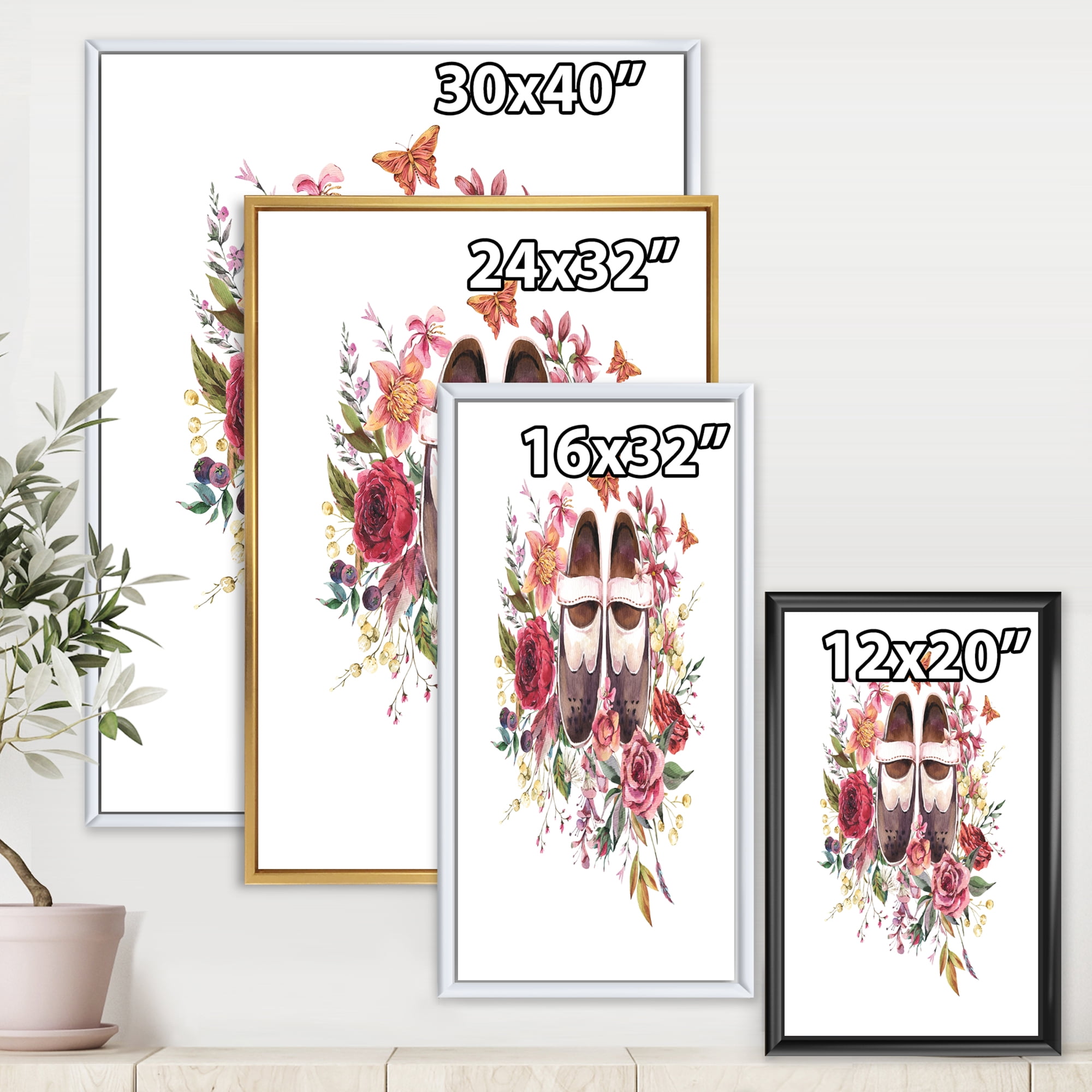Designart 'Wildflowers With Ancient Oxford Shoes' Farmhouse Framed Canvas Wall Art Print
