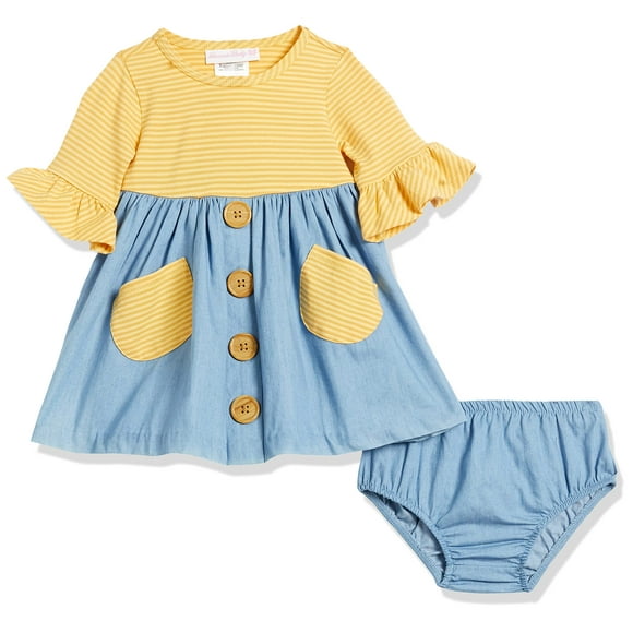 Bonnie Baby Baby Girls' Knit to Woven Empire Dress, Mustard, 6-9M