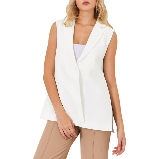Chaleco de trabajo sin mangas de una botonera con cuello de solapa para mujer Inspire Chic, talla 2XL, color blanco