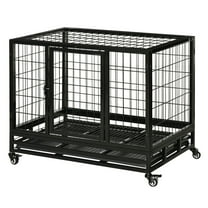 SAZYY 36" Heavy Duty Dog Crate with Removable Tray, Lockable Wheels & Double Door - for Medium & Large Dogs, Black