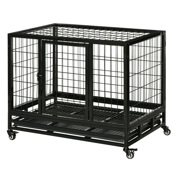 SAZYY 36" Heavy Duty Dog Crate with Removable Tray, Lockable Wheels & Double Door - for Medium & Large Dogs, Black