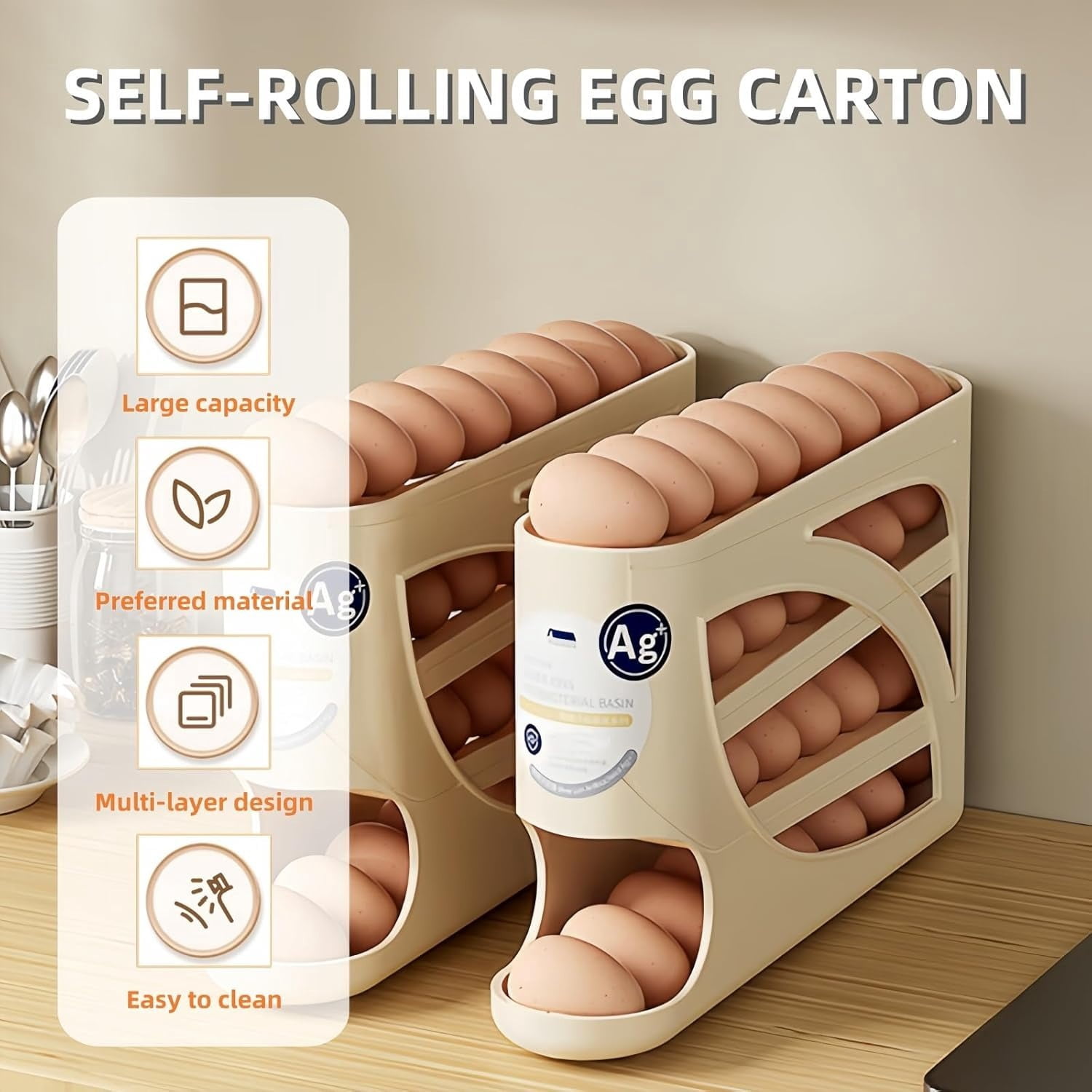 4 Tiers Egg Automatic Rolling Egg Dispenser for Refrigerator Dispenser Holds Up To 30 Pcs