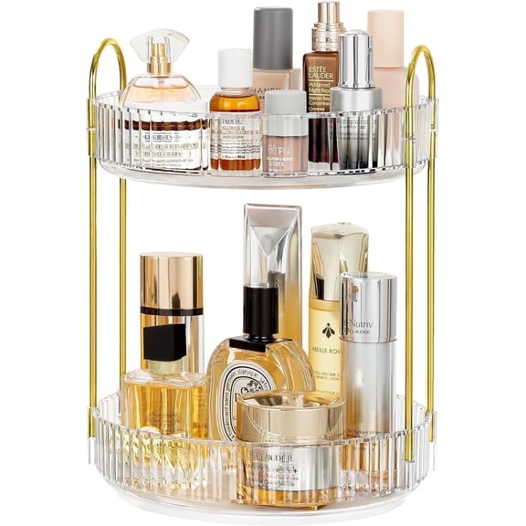 360° Rotating Makeup Organizer, 2 Tier Adjustable Perfume Organizer , Multi-Function Spinning Cosmetics Skincare Storage for Bedroom, Dresser, Countertop,Clear