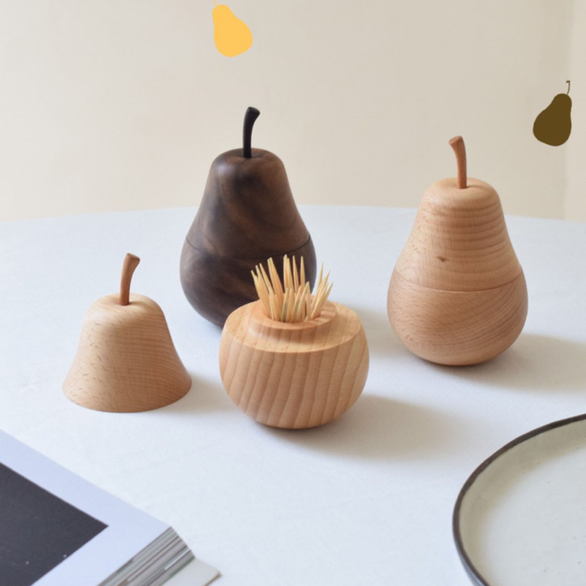 Pear Toothpick Holder Dispenser Creative Cute Toothpick Box Wooden Fruit Ornaments
