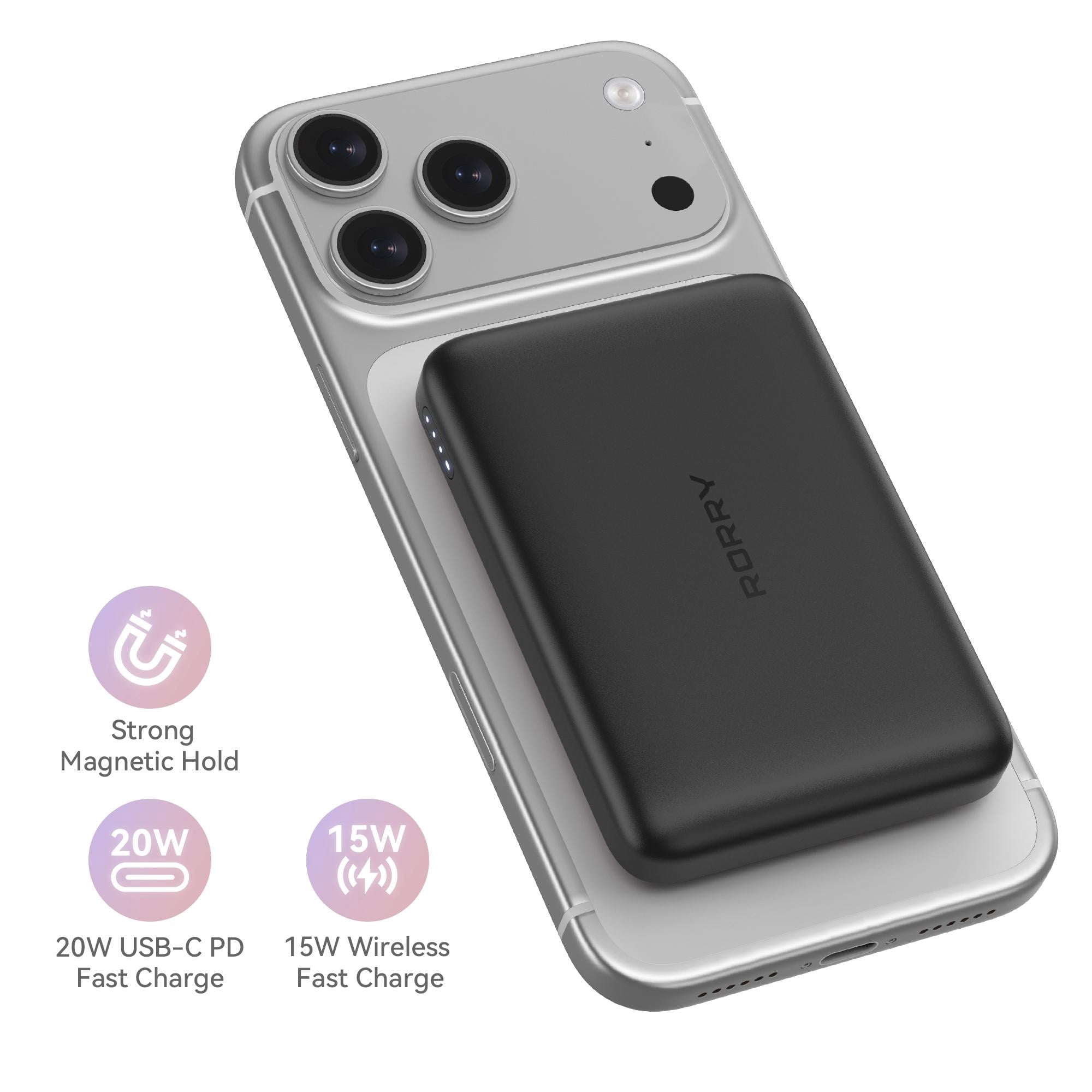 RORRY Magnetic Wireless Protable Charger, 5000mah Power Bank 20W Fast Charging , Portable Battery Pack compatible for iPhone 17/16, Apple Watch Charger, Airpod, Blackger, Airpod, Black