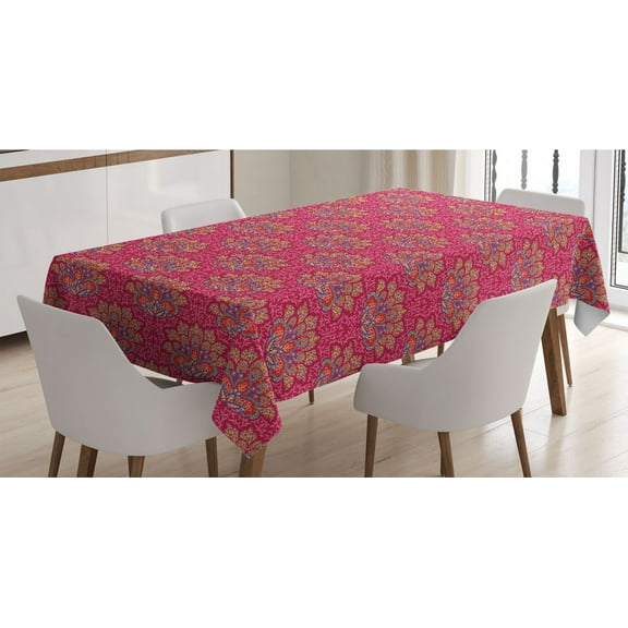 Lotus Tablecloth, Colorful Flower of South with Paisley and Daisy Motifs Ornamental Arrangement, Rectangle Satin Table Cover Accent for Dining Room and Kitchen, 52" X 70", Multicolor, by Ambesonne
