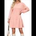 thumbnail image 2 of Vestido Estilo Sudadera de Larga para Mujer, Otoño 2025, Cuello Redondo, Punto Acanalado, Patchwork, Minivestidos Informales. Rosa XXL, 2 of 10