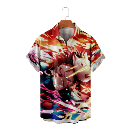 

MLFU Demon Slayer Tanjirou Teens Mens Hawaiian Shirts Button Down Anime Fashion Shirt Summer Polo Shirts Size 100-170/XXS-8XL
