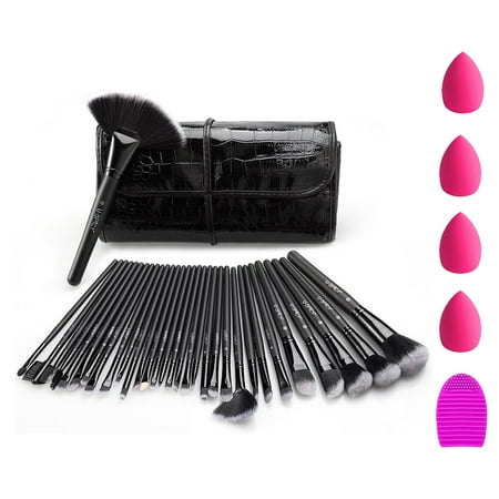 Fofosbeauty 32 Pcs Travel Makeup Brushes set with Bag Makekup Tools Foundation Blending Blush Eyeliner Shadow Brow Concealer Brushes Kit Black