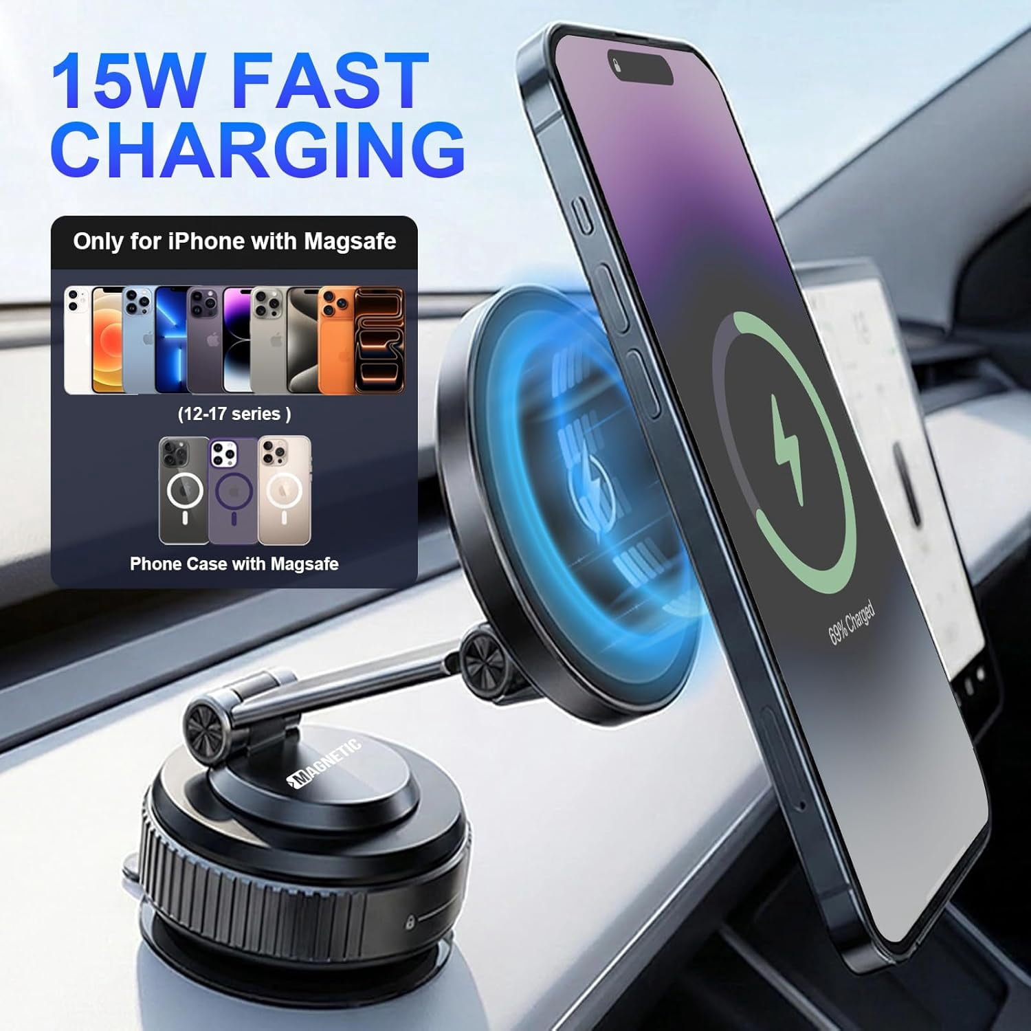 for MagSafe Car Mount Charger, 15W Fast Charging Wireless Magnetic Car Phone Holder, 780°Adjustable Car Mount, Portable Phone Mount for Car
