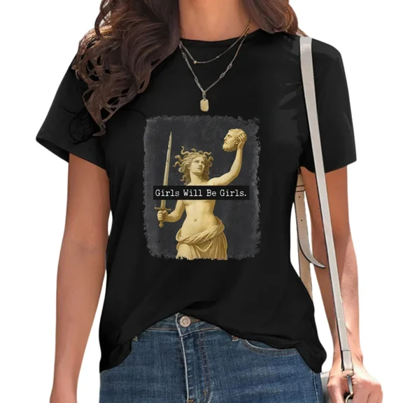 UNISHE Women's Girls Will Be Girls Medusa Graphic Tee Sarcastic Casual Shirt for Daily Outfit Black, S