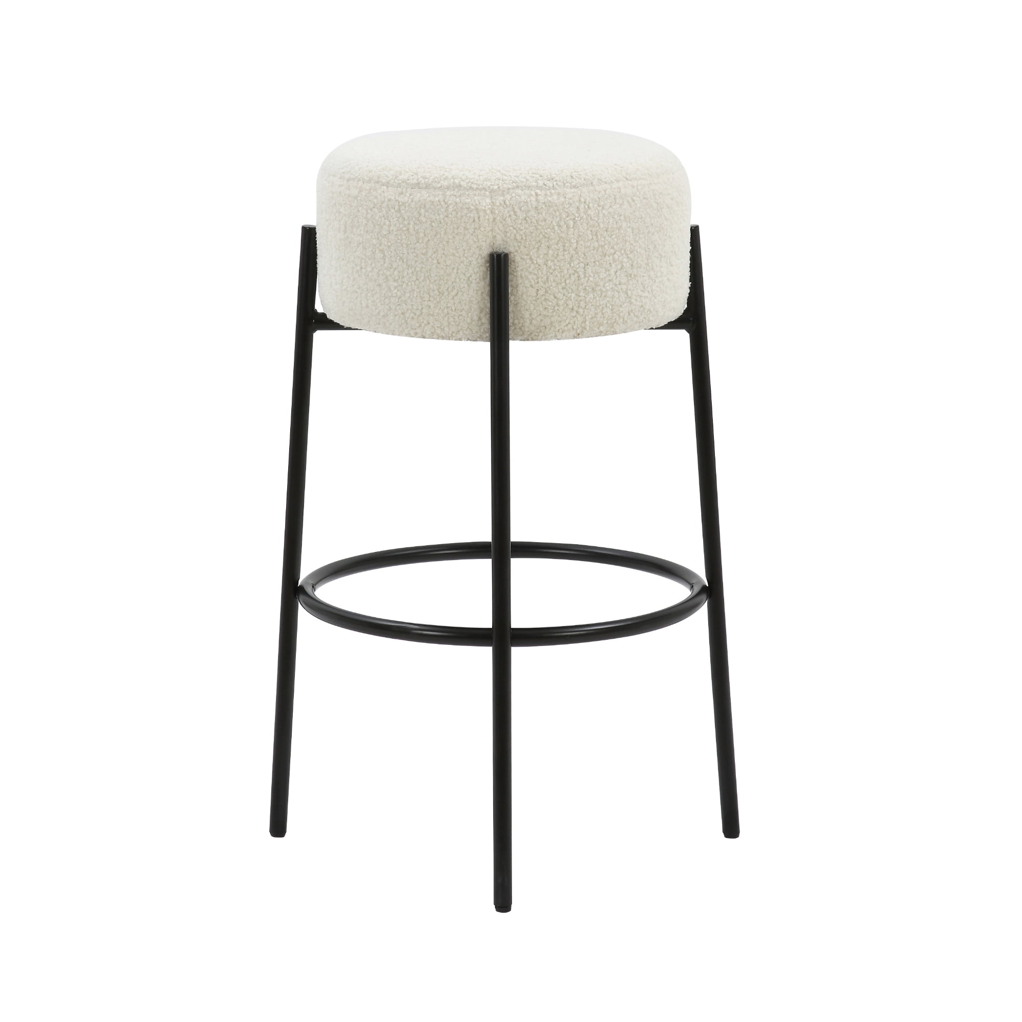 Nathan James Isaac 29" Modern Backless Bar Stool with Round Soft Padded Boucle Seat and Metal Mid-Century Base, Boucle White/Black