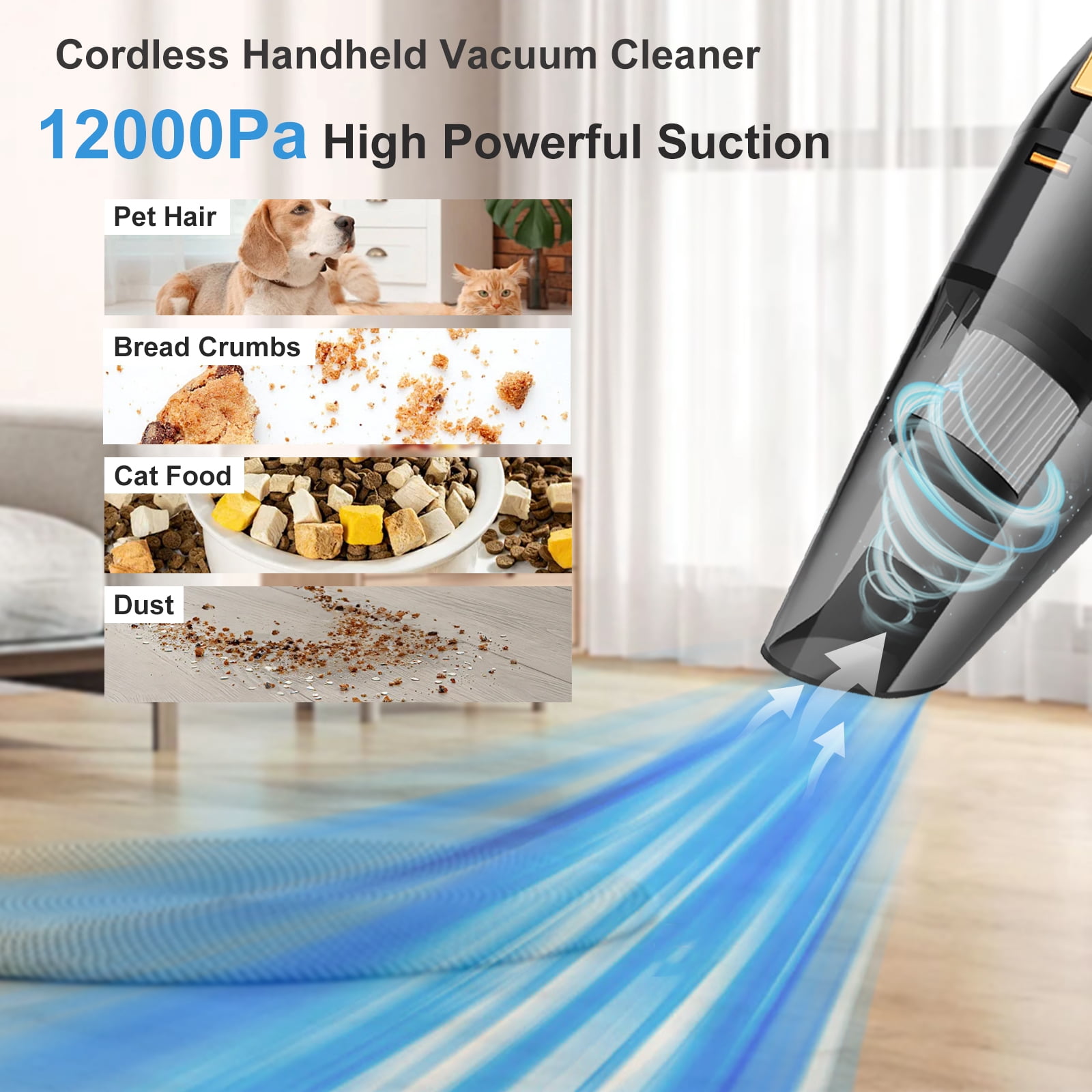 Cordless Handheld Car Vacuum, Portable Vacuum Cleaner, 12000PA Powerful Suction for Car, Black