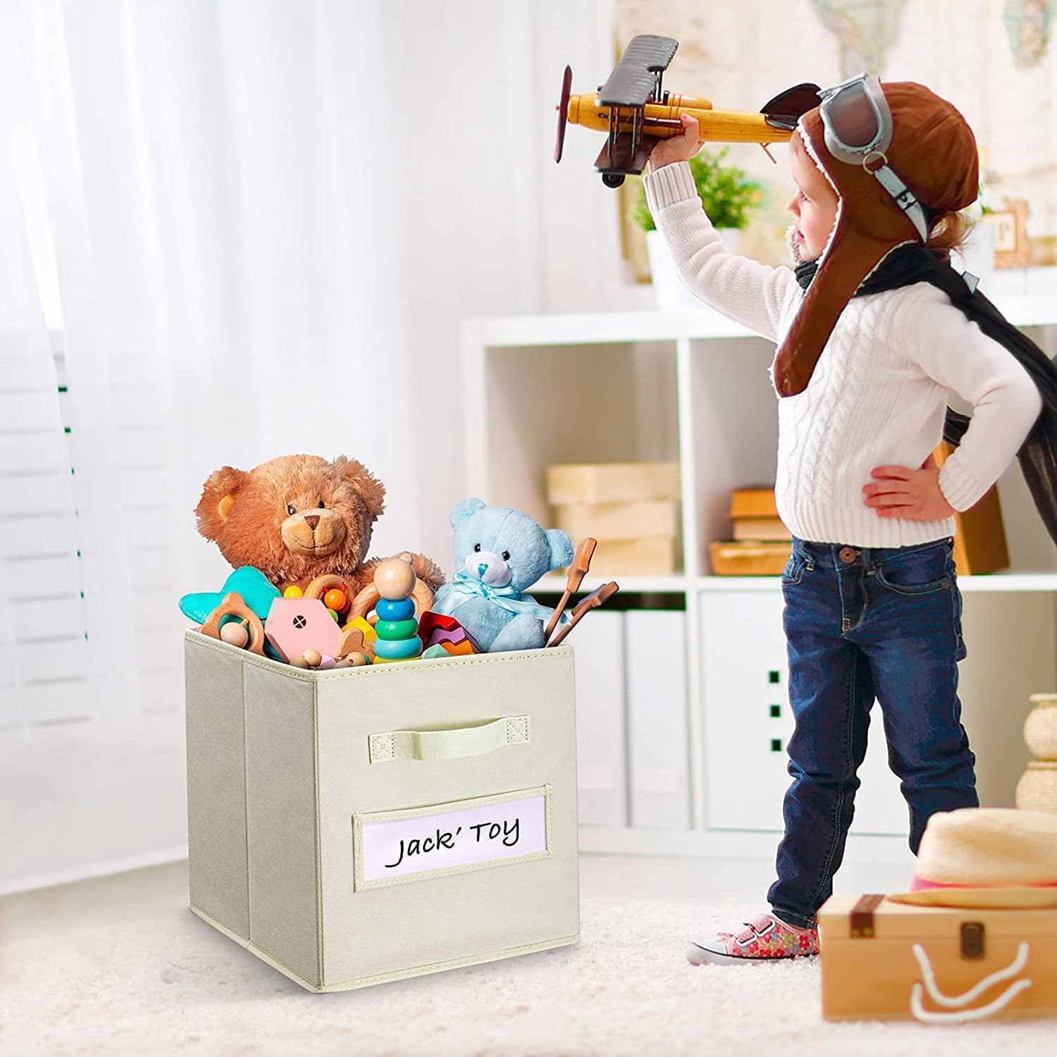 13x13 Inch Cube Storage Bins(Set of 8)-Basket Bins with 8 Labels Window Cards & a Pen - Collapsible Storage Organizer Boxes Cube For Nursery Home & Office-Beige