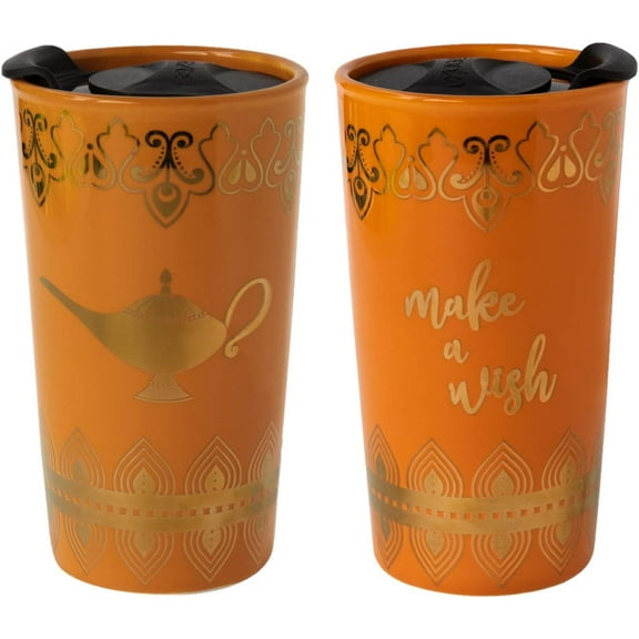 Disney Aladdin Travel Coffee Mug, 16 oz - Insulated, Ceramic To-Go Cup with Lid - Gold Genie Lamp & Make A Wish Design - Gift for Teen, Adults & Mothers Day