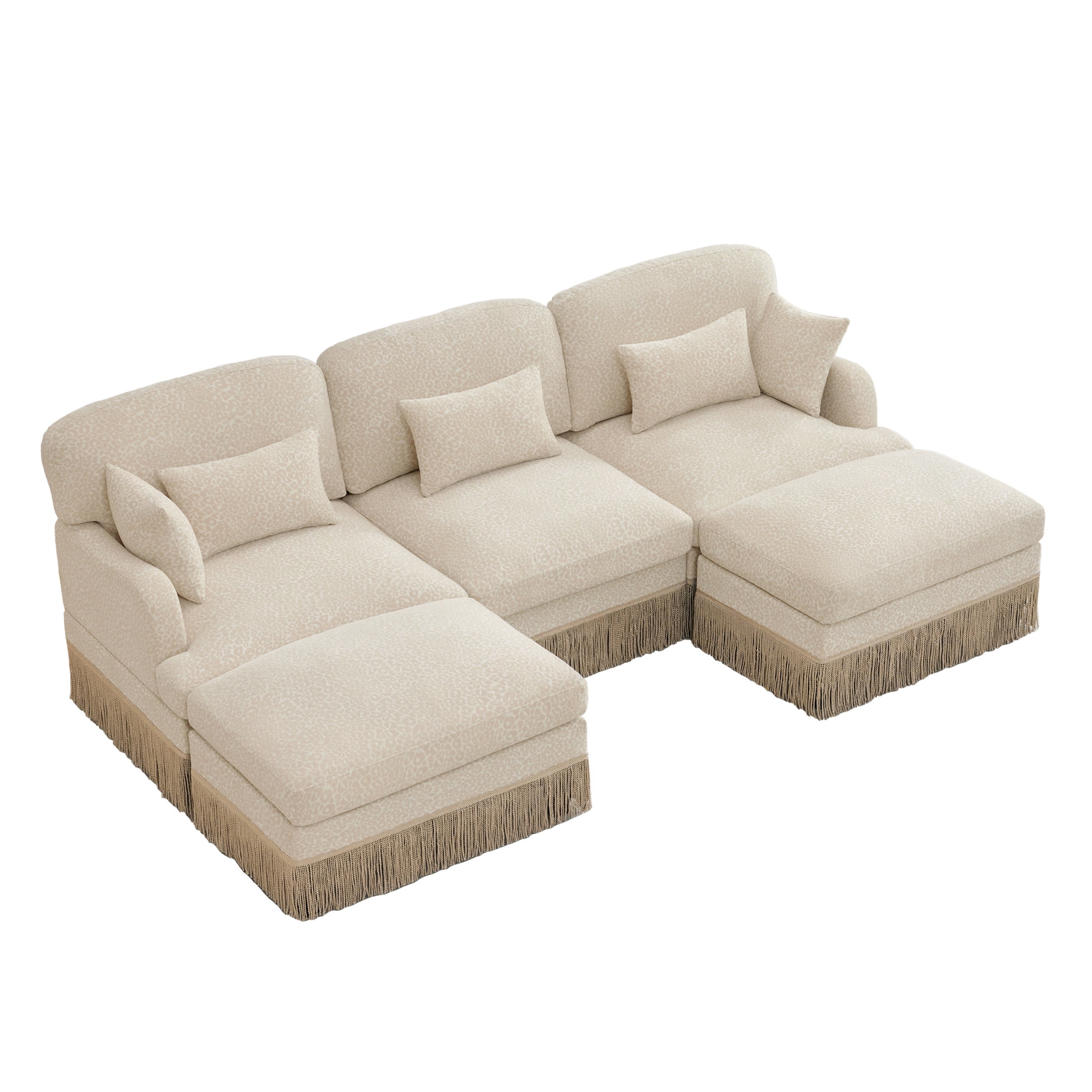 Noble House Carola Leopard Print Chenille 3-Seater Sofa, Modular Sectional Couch with 2 Ottomans and Tassel Trim, Beige