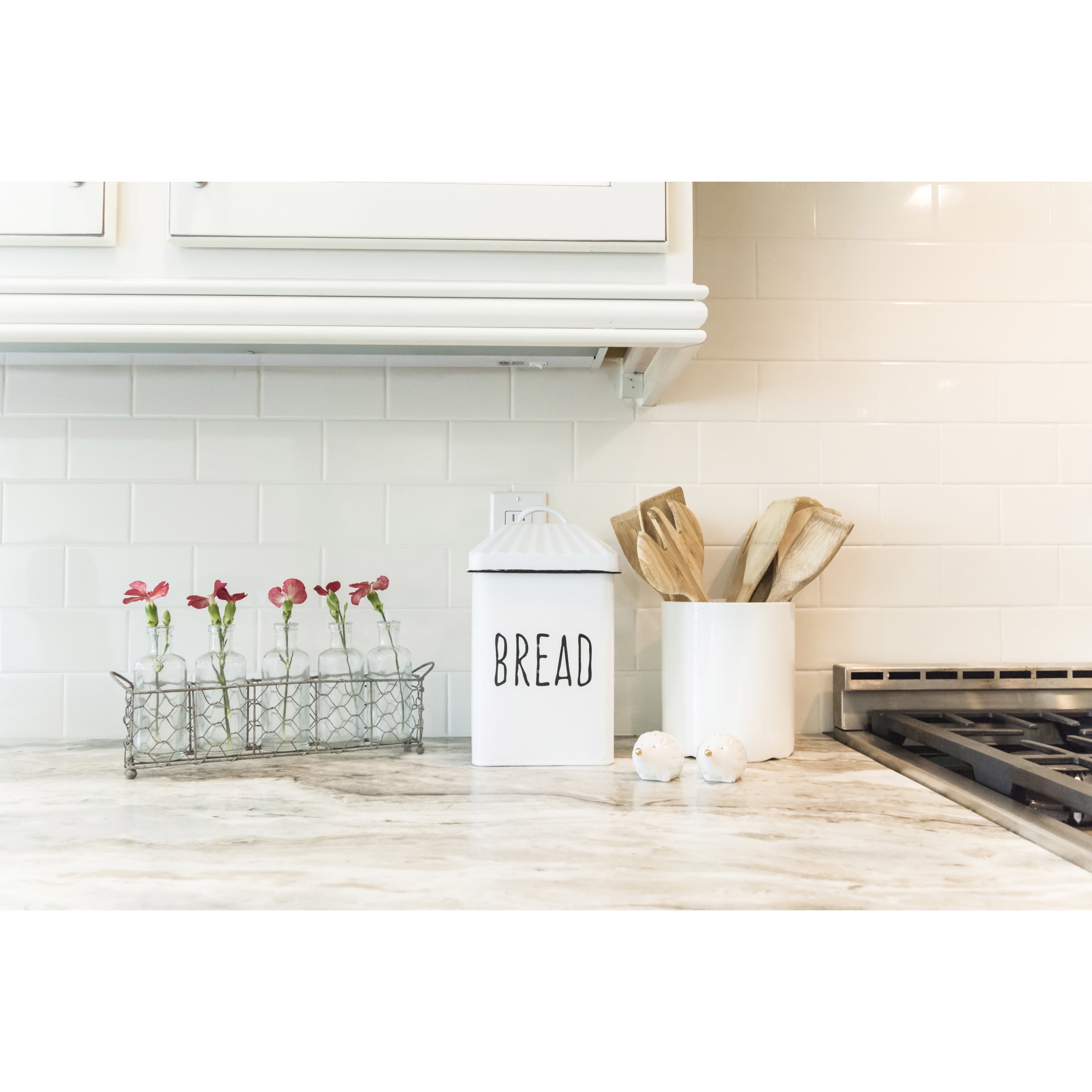 Creative Co-Op 5 Glass Vase Bottles on a Rectangle Metal Holder with Handles, Clear and Black, Set of 6