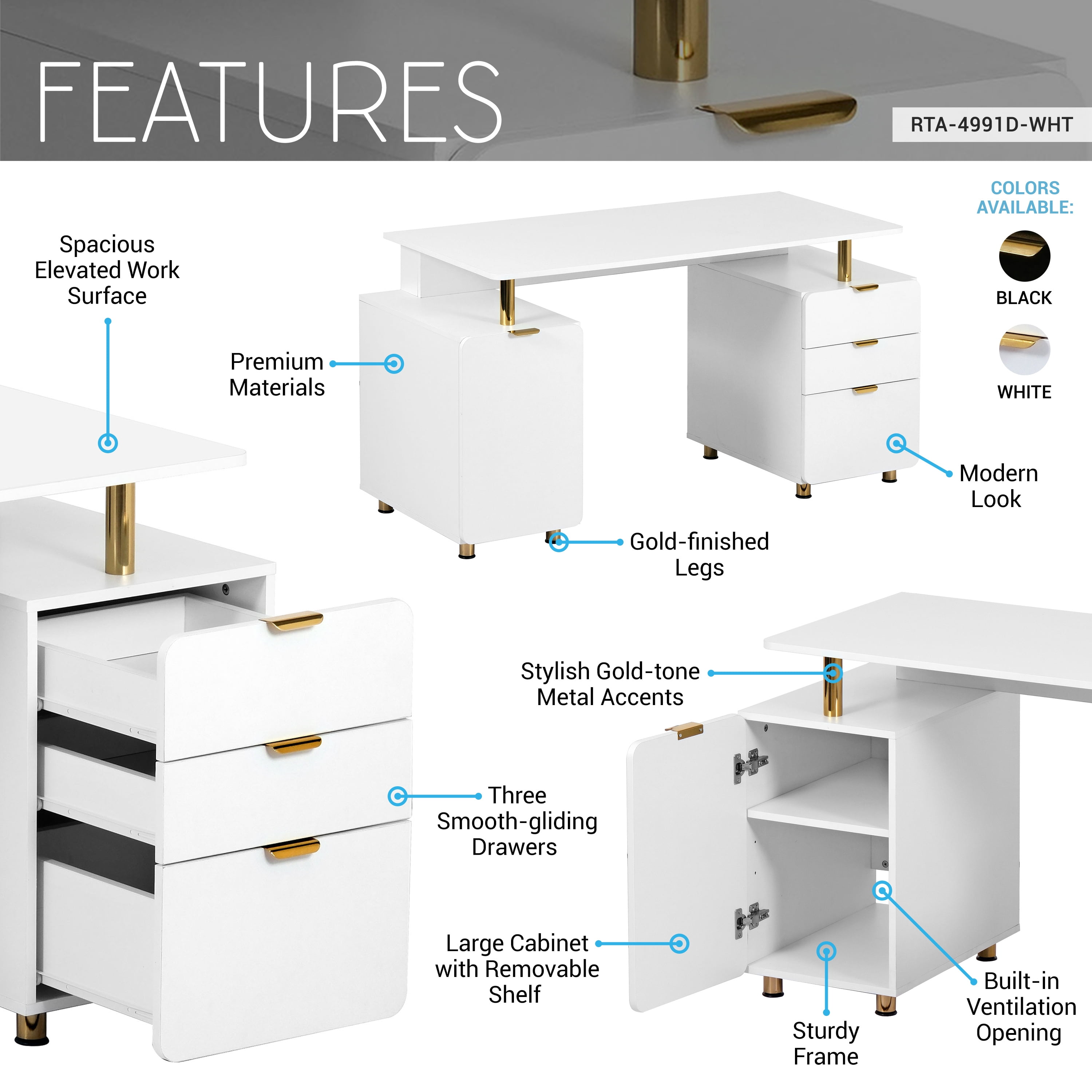 56.75" W Elegant Executive Desk with 3 Drawers and Storage Cabinet, Modern Office Desk with Gold Accents, Floating Work Surface, Closed Storage with Ventilation & Adjustable Shelf, White & Gold